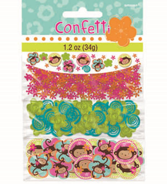 Three packs of colorful confetti featuring pink and purple stars, blue and green swirls, and round pieces with cartoon.