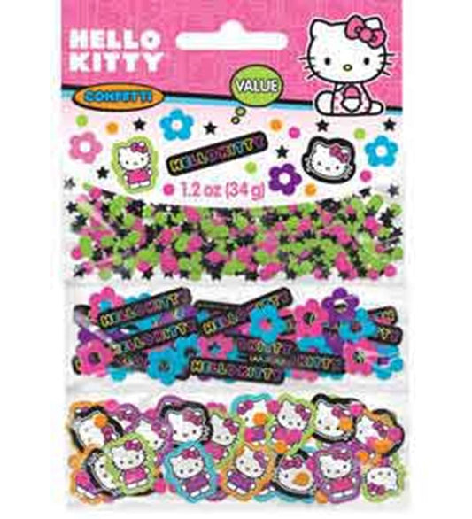 Three clear plastic bags of Hello Kitty-themed confetti in pink, green, black, and blue with flowers and Hello Kitty faces,.