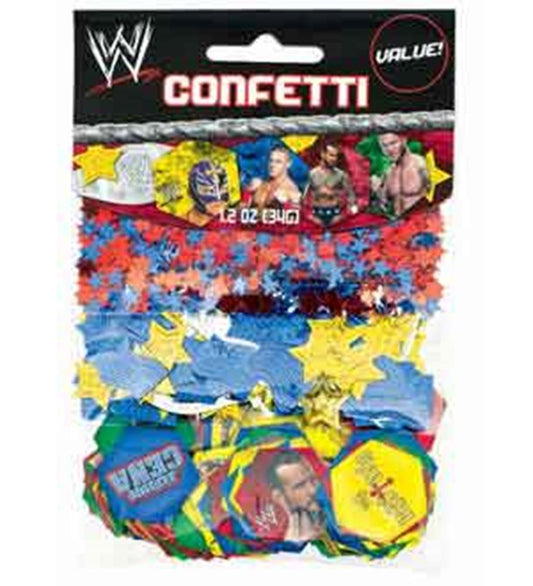 WWE confetti pack with red, blue, and yellow star-shaped pieces and wrestler images on hexagons.