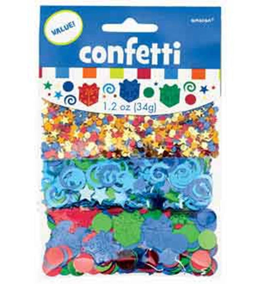 Three sealed clear packets of colorful confetti in star, swirl, shield, and circular shapes on a blue and white cardboard.