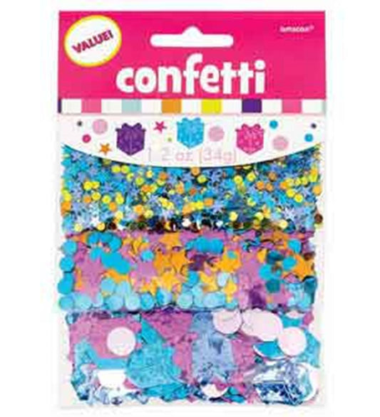 Three clear plastic packets of colorful confetti in blue, yellow, pink, purple, and white, packaged in a pink header bag.