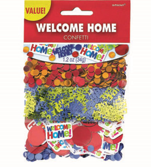 Pack of colorful "Welcome Home" confetti with red, yellow, blue, and multicolored paper shapes and letters.