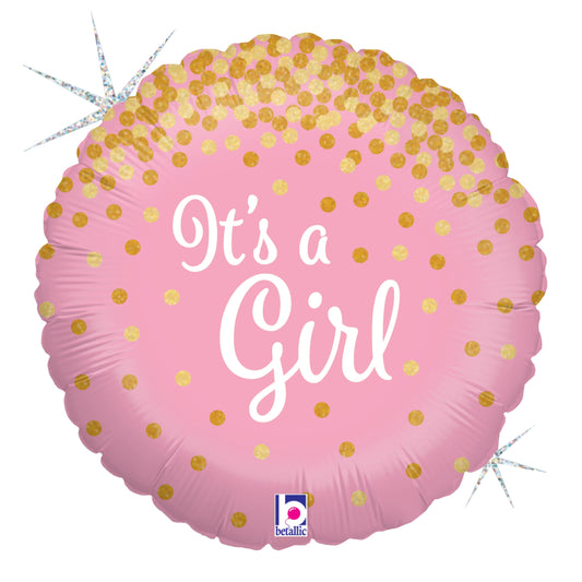 Round pink holographic balloon with gold confetti dots and white "It's a Girl" text.