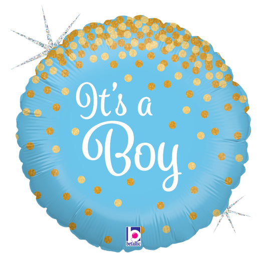 Round blue foil balloon with gold confetti dots and white "It's a Boy" text in cursive font.