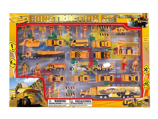 Diecast construction play set with yellow trucks, cranes, workers, and traffic accessories in display box.