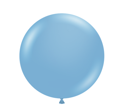 Large round balloon in pastel blue latex with a smooth, shiny surface and tied end.