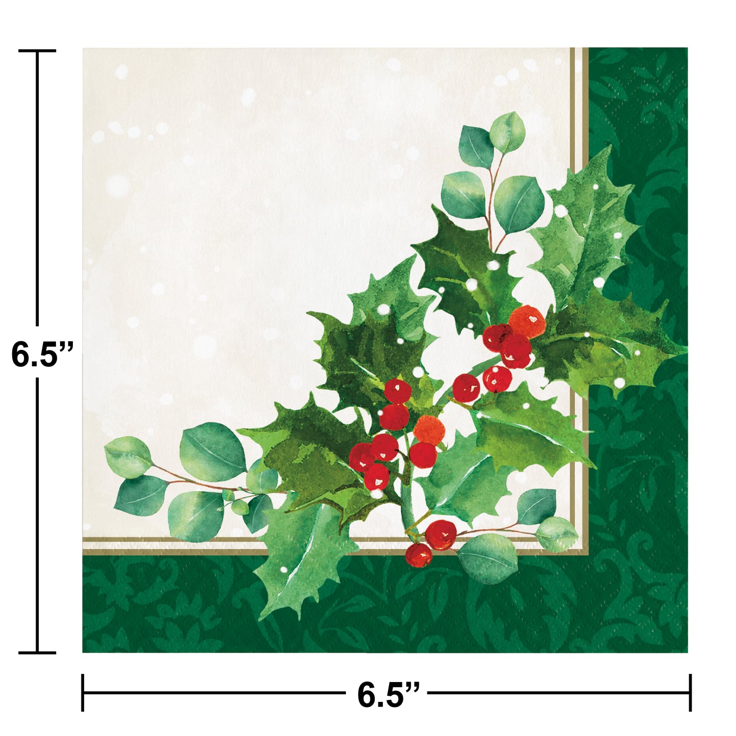Square paper napkin with green holly leaves, red berries, and dark green border on white background.