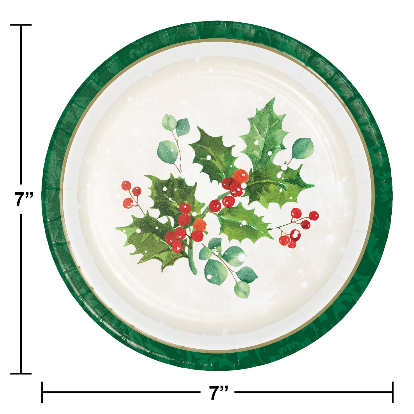 Round white luncheon plate with green rim and holly leaves with red berries design, 7 inches wide.