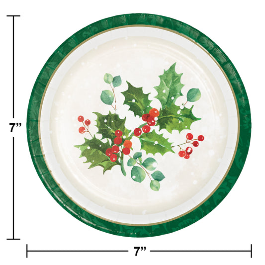 Round white luncheon plate with green rim and holly leaves with red berries design, 7 inches wide.