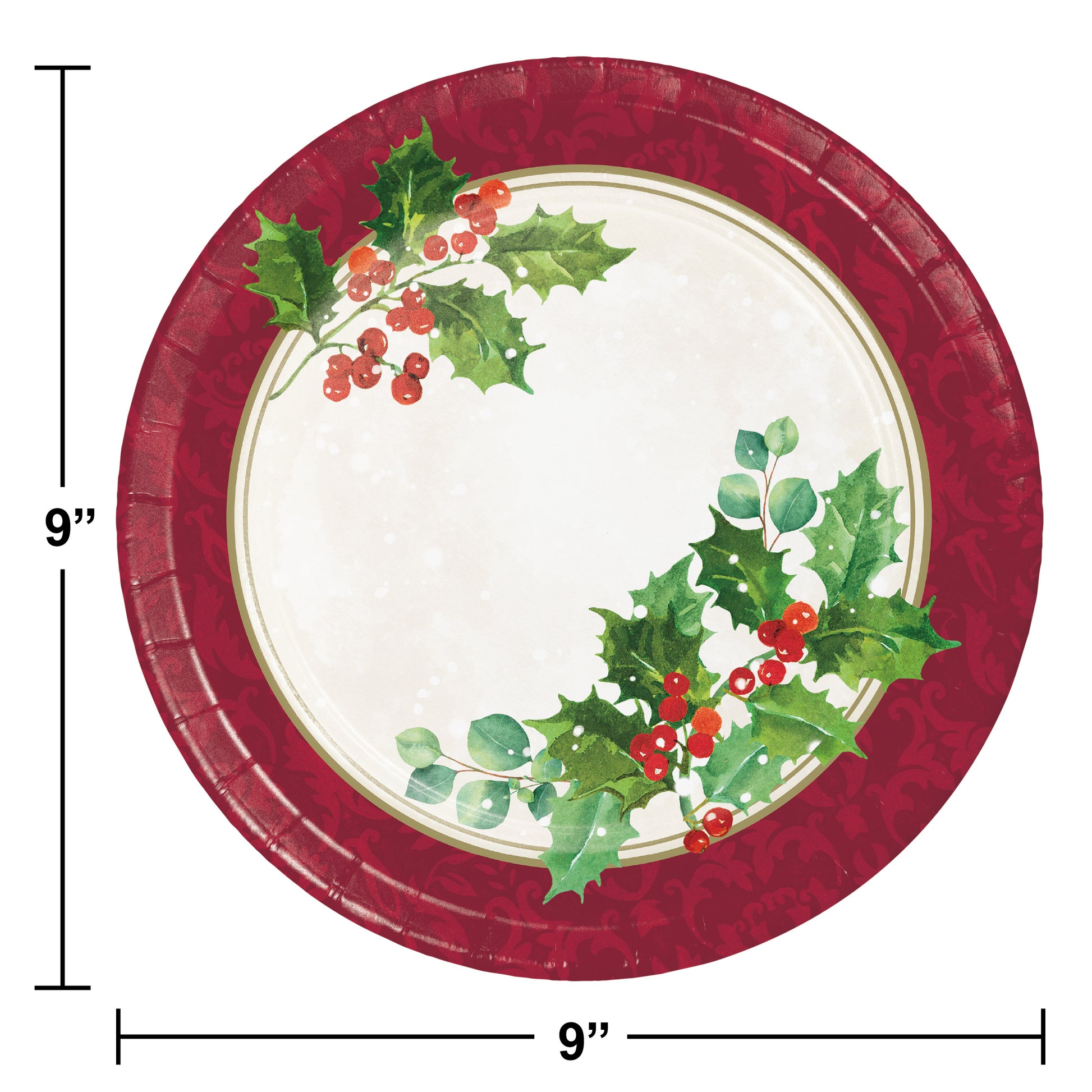Round ceramic dinner plate with red rim and holly berry and green leaf accents on white center.