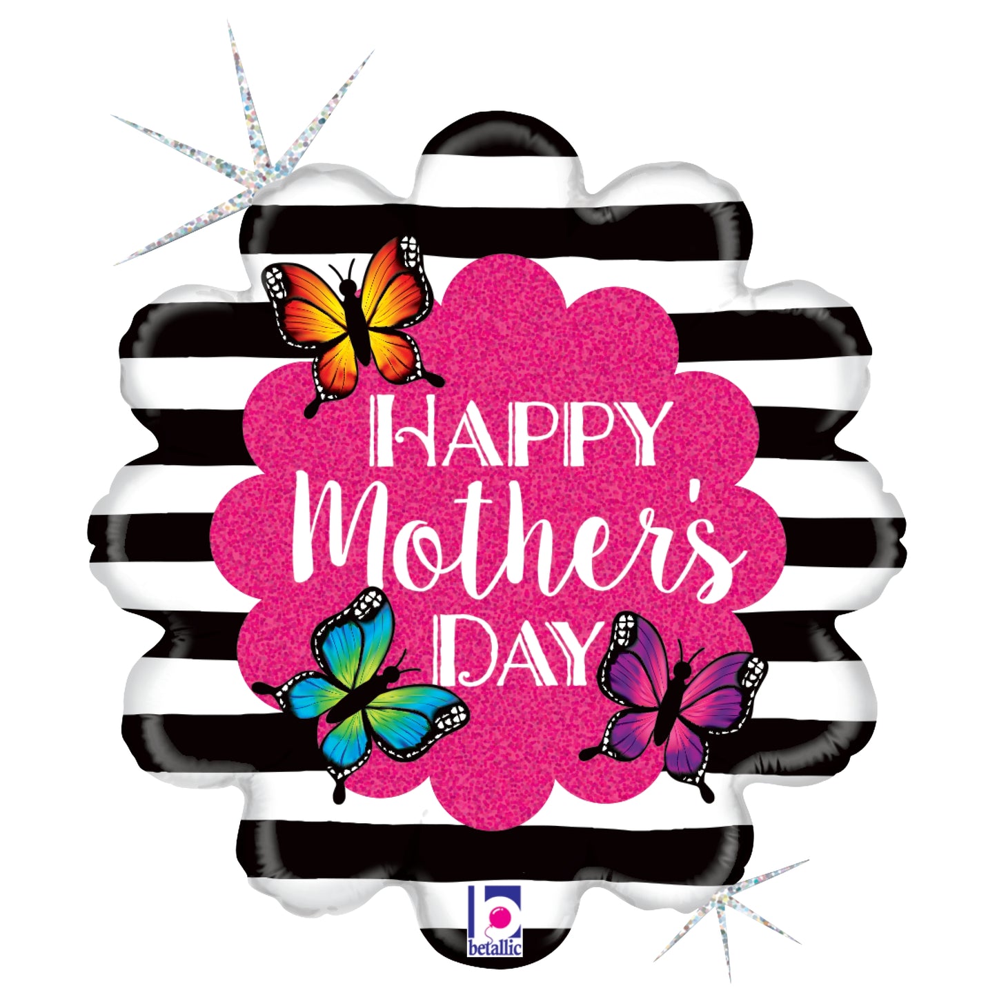 18-inch round balloon with black and white stripes, pink glitter flower, and colorful butterflies saying Happy Mother's Day.
