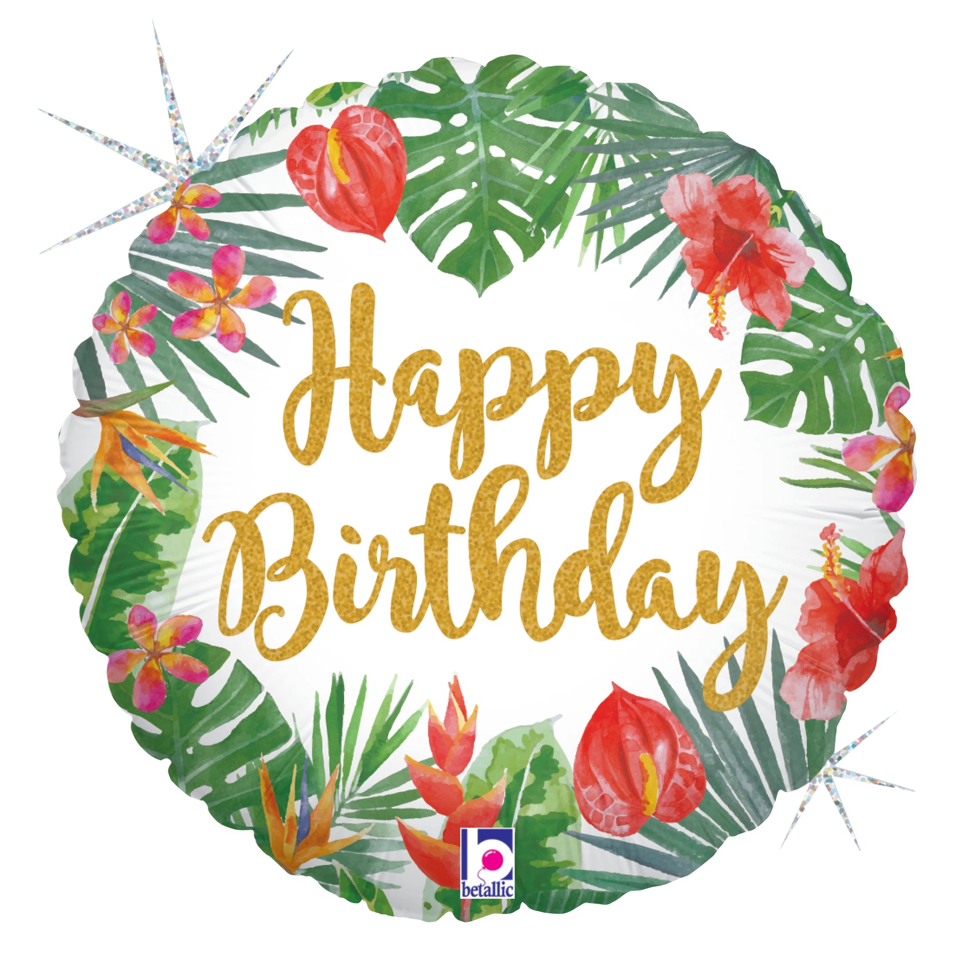 18-inch round balloon with gold "Happy Birthday" text, green tropical leaves, red and pink flowers, and holographic glitter.