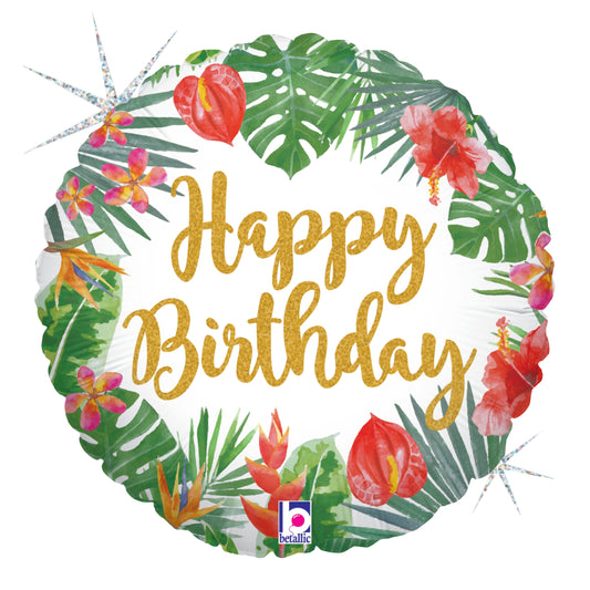 18-inch round balloon with gold "Happy Birthday" text, green tropical leaves, red and pink flowers, and holographic glitter.