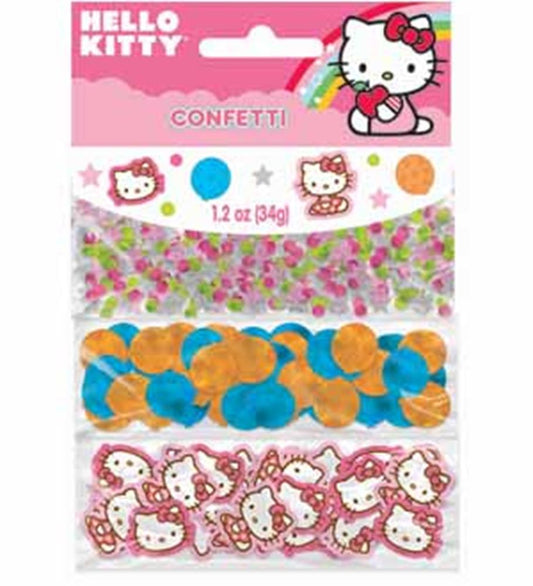 Hello Kitty-themed confetti with pink, orange, and blue circular pieces and white Hello Kitty face shapes on a pink header.