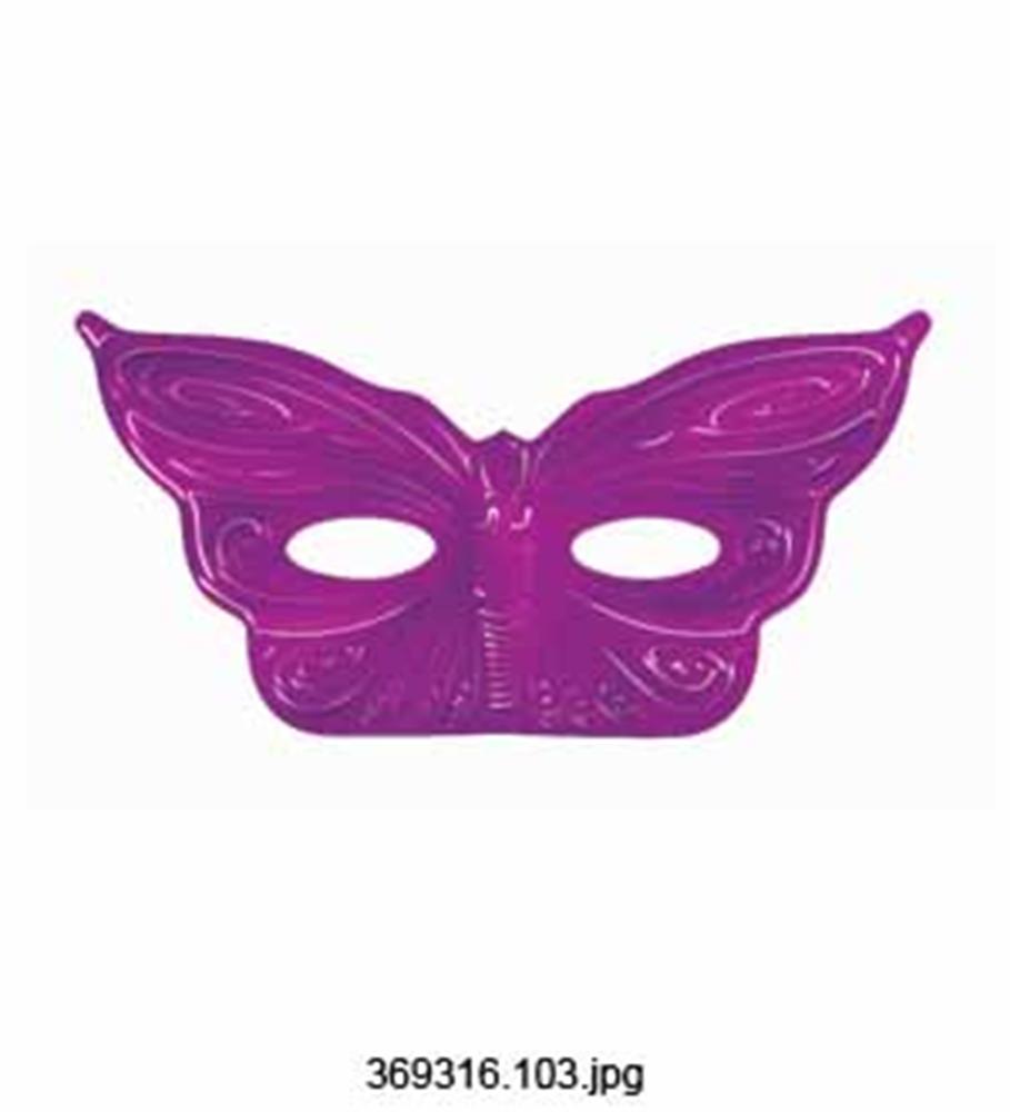 Pink foil butterfly-shaped mask with wing details and eye cutouts.