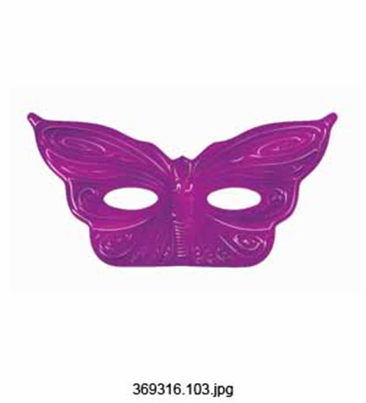 Pink foil butterfly-shaped mask with wing details and eye cutouts.