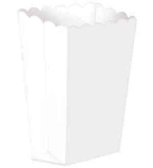Set of five small white popcorn boxes with scalloped edges and vertical ridges.