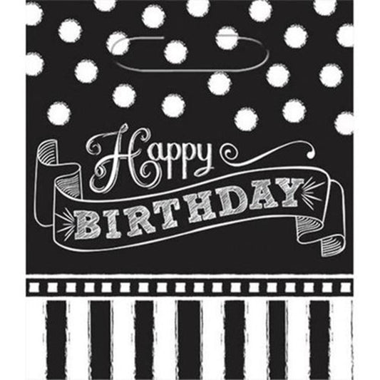 Black and white loot bag with "Happy Birthday" banner and polka dot and striped patterns.