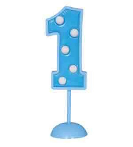 Blue number 1 decoration with white flashing lights on a stand.