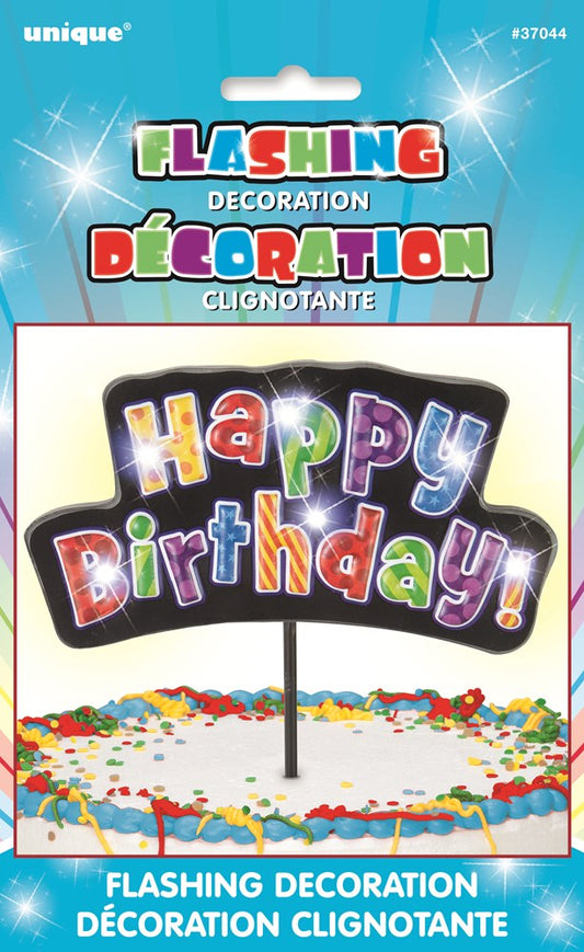 Multicolor flashing pick decoration spelling "Happy Birthday" in colorful block letters on black background with LED lights.
