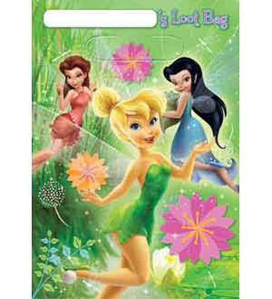 Green Tinkerbell-themed folded loot bag with colorful flowers and fairy characters on a grassy background.