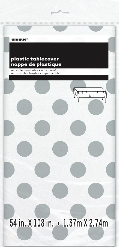 Mantel rectangular de plástico con lunares plateados, 54" x 108"