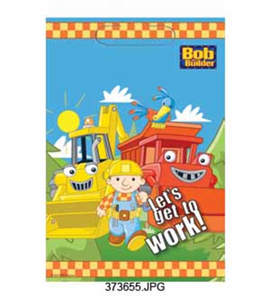 Blue and green Bob The Builder loot bag with characters Scoop, Roley, and Bob, and "Let's get to work!" text.