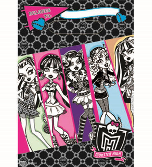 Set of eight Monster High loot bags featuring black-and-white doll illustrations with bright pink, green, purple, blue, and.