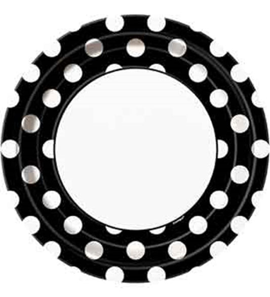 Black 9-inch round plate with evenly spaced white polka dots and a glossy finish.