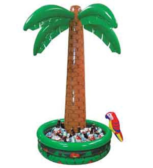 Large inflatable cooler shaped like a brown palm tree with green leaves and a red parrot decoration on the rim.