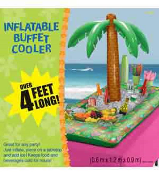 Inflatable green palm tree buffet cooler with brown trunk and tropical leaf design measuring over 4 feet long.