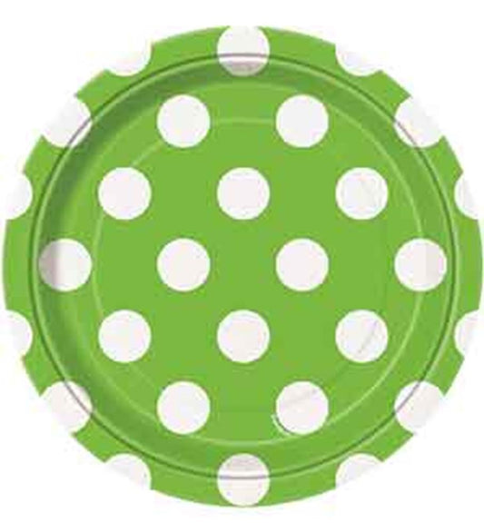 Round 7-inch lime green paper plate with evenly spaced large white polka dots.