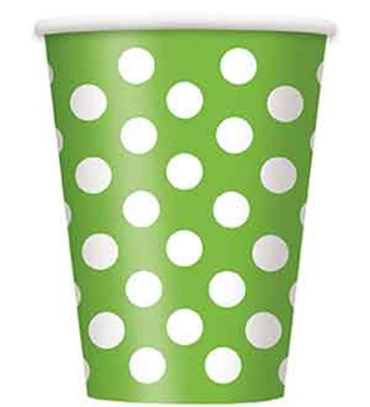 Lime green paper cup with white polka dots, 12oz, disposable party tableware.