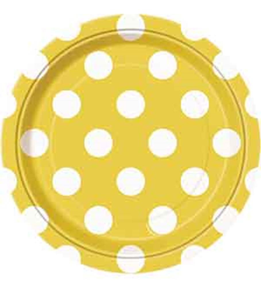 Round sunflower yellow paper plate with white polka dots and scalloped edges.