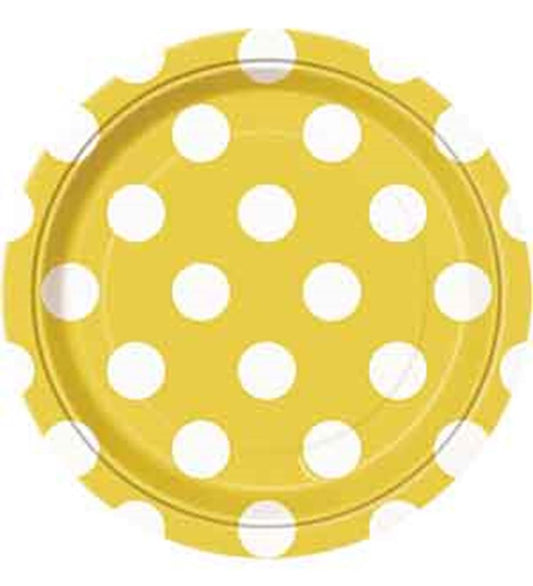 Round sunflower yellow paper plate with white polka dots and scalloped edges.
