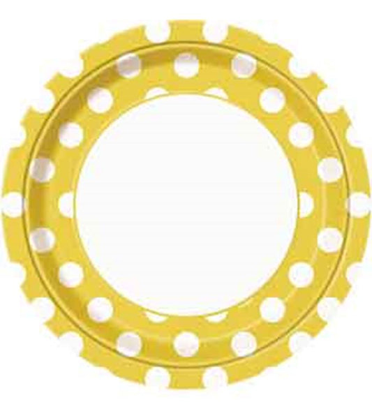 Round 9-inch yellow plate with white polka dots and scalloped edges, plastic material.