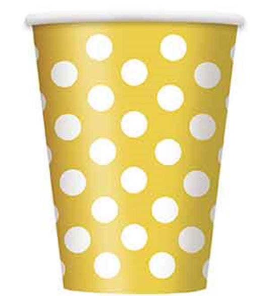 Sunflower yellow paper cup with evenly spaced large white polka dots, 12oz size.