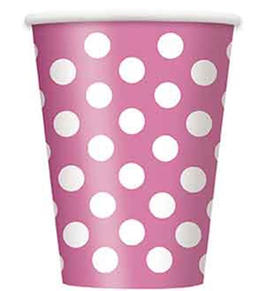 Hot pink disposable cup with white polka dots, 12oz capacity, tapered shape.