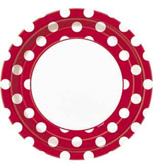 Red round plastic plate with white polka dots and a scalloped edge.
