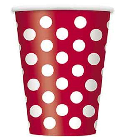 Red disposable cup with white polka dots, 12oz capacity, tapered shape.