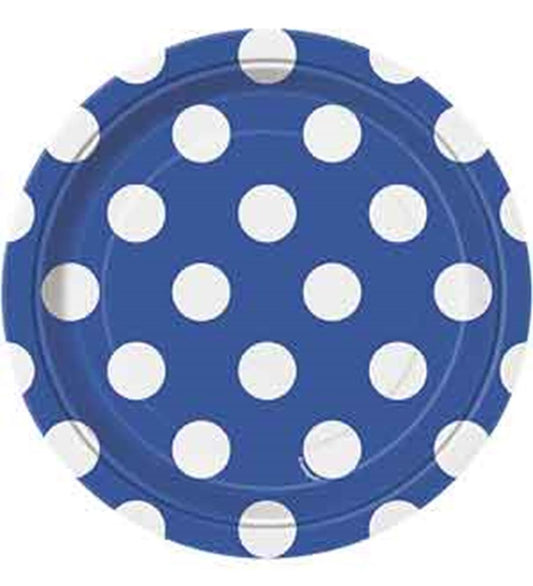 Round 7-inch royal blue plate with evenly spaced large white polka dots.