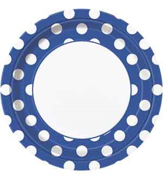 Royal blue 9-inch plate with large white polka dots and scalloped edge.