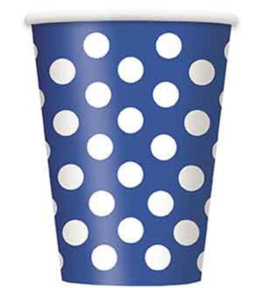 Royal blue 12oz cup with large white polka dots and a white rim.