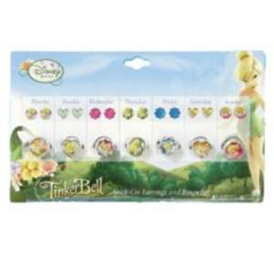 Set of colorful stud earrings and rings featuring Tinkerbell motifs, displayed on a blue and green Disney-themed card.