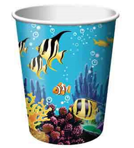Blue 9oz paper cup with colorful tropical fish and coral reef ocean design.