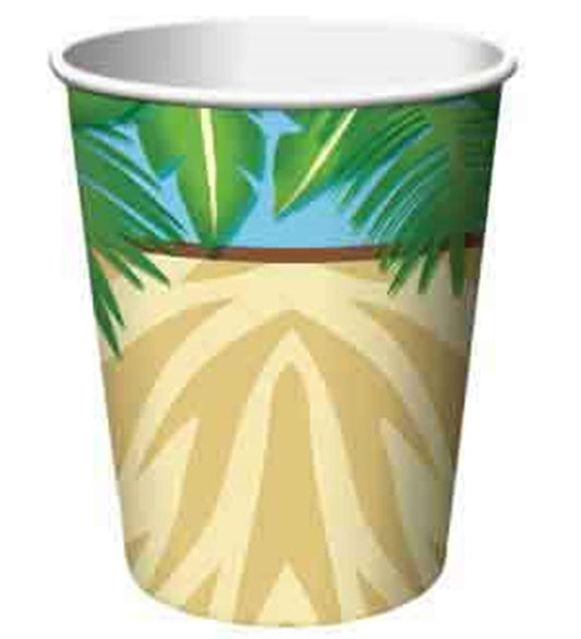 9oz paper cup with green palm leaves and beige zebra stripes, safari-themed design.