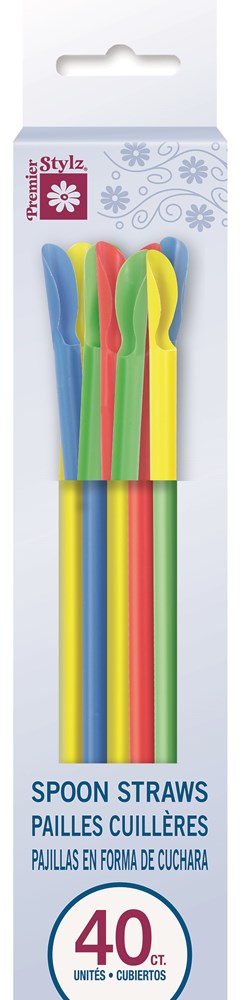 40 colorful plastic spoon straws in red, blue, green, and yellow, packaged in a clear bag with a white and blue label.