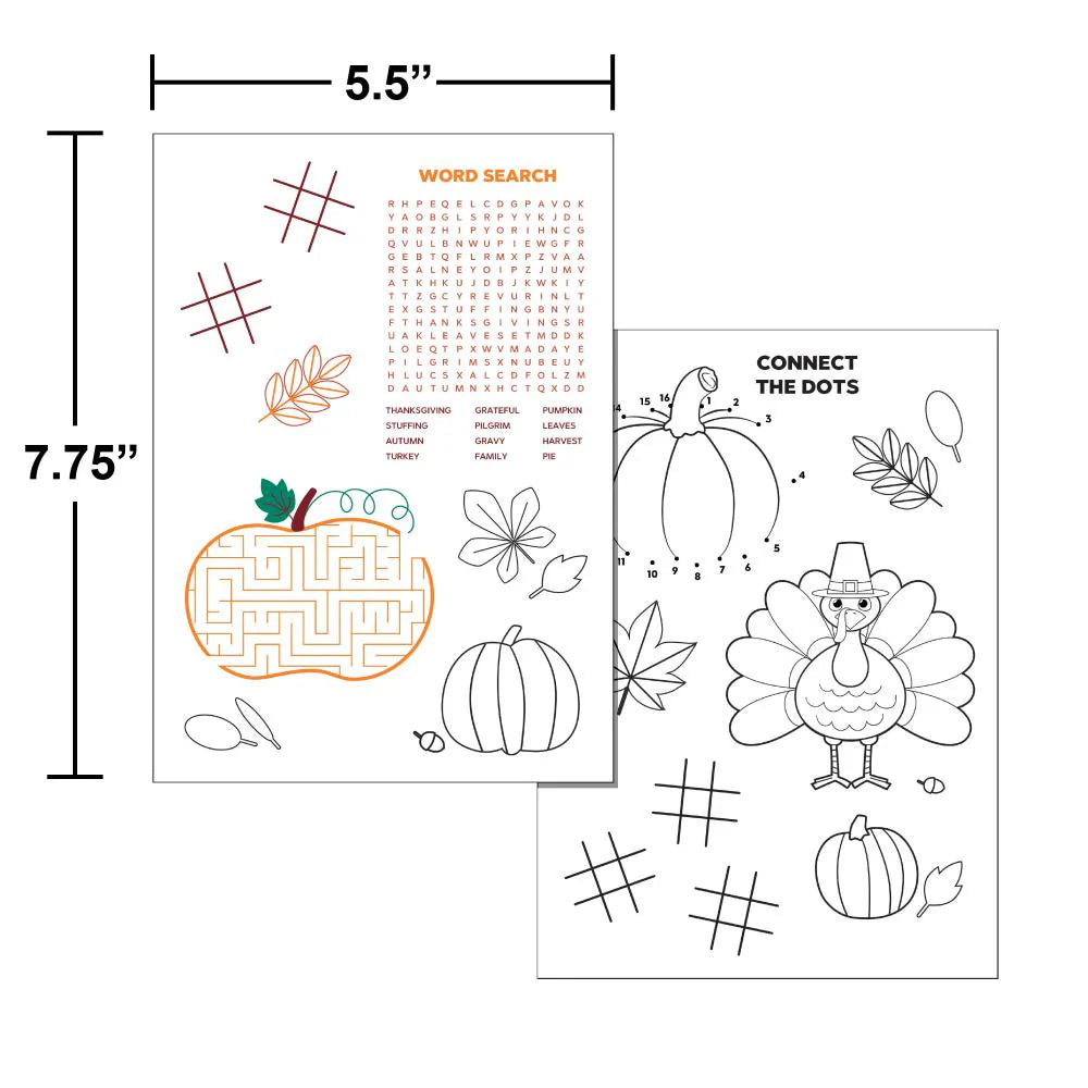 Two Thanksgiving-themed activity sheets with puzzles including a pumpkin maze, word search, connect the dots turkey, and.