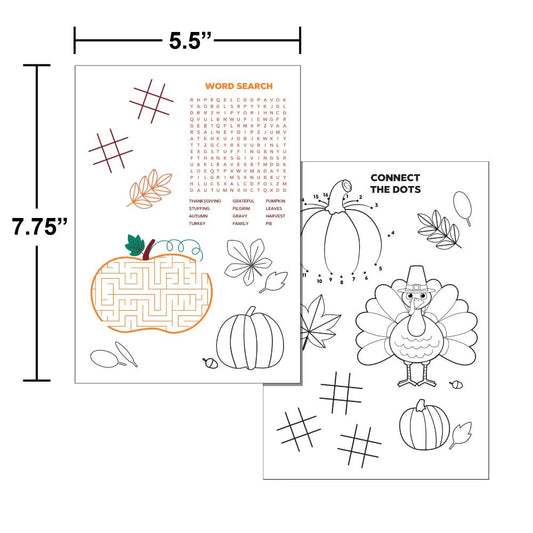 Two Thanksgiving-themed activity sheets with puzzles including a pumpkin maze, word search, connect the dots turkey, and.