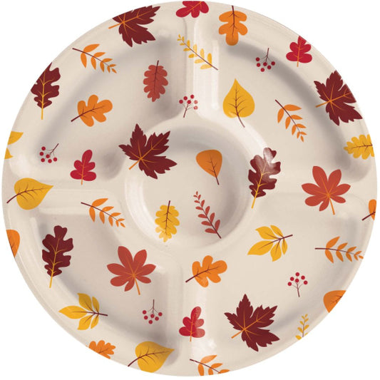 Round plastic compartment tray with three sections, cream background, decorated with red, orange, and yellow autumn leaves.